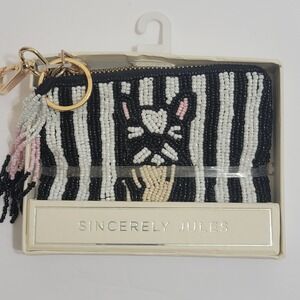 NEW Sincerely Jule Beaded India Coin Bag Frenchie Bulldog Striped Keychain Pouch